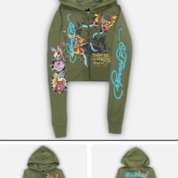 Ed Hardy Jackets & Blazers - Y2K Ed Hardy Olive Cropped Zip Up Hoodie with Vibrant Graphics Size XL pre-owned